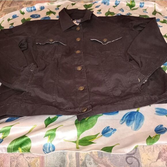 D & Co Button UP Denim Jacket Black Lng Slve Pockets Cotton Blend Women's - Picture 5 of 12